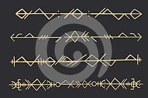 Set golden nordic celtic runes borders, dividers norse protection symbols line style, amulet, witchcraft signs on dark