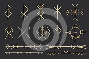 Set golden nordic celtic runes borders, norse protection symbols line style, amulet, witchcraft signs on dark background