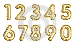 Set of golden numbers made of inflatable balloons isolated on white background