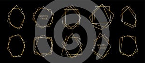 Set of golden polyhedron trendy frames. Abstract geometric thin line vector borders for invitations, premium decor