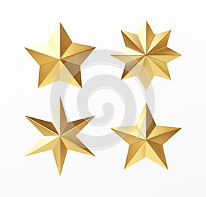 Set of golden realistic stars with different rays isolated on a white background. Vector illustration