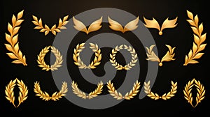 Set of golden ribbons, laurel wreaths of different shapes for winners gold podium 3d realistic luxury leadership award with