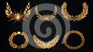 Set of golden ribbons, laurel wreaths of different shapes for winners gold podium 3d realistic luxury leadership award with