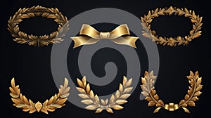 Set of golden ribbons, laurel wreaths of different shapes for winners gold podium 3d realistic luxury leadership award with