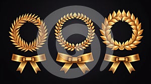 Set of golden ribbons, laurel wreaths of different shapes for winners gold podium 3d realistic luxury leadership award with