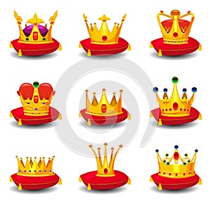 Set golden royal crowns, on red ceremonial pillow with tassels cartoon vector illustrations set isolated on white