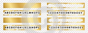Set of golden scratch card whole and scraped textures isolated on transparent background. Collection of lotto winner