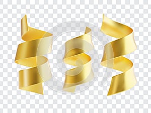 Set of golden serpantine ribbons. Decoration for carnival, Christmas party, birthday celebration, valentine`s day. Vector