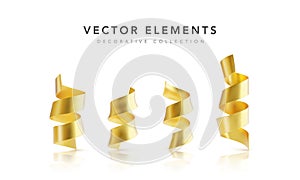 Set of golden serpantine ribbons with reflections isolated on white background. Vector illustration