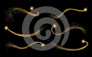 Set golden shimmering waves with light effect isolated on black background. Gold glittering star dust trail. Magic