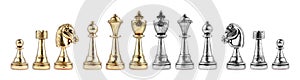 Set with golden and silver chess pieces on white background. Banner design