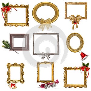 Set of golden and silver frames with Christmas decor isolated on a white background