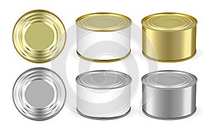 Set of golden and silver metal tin can isolated on white background mock up