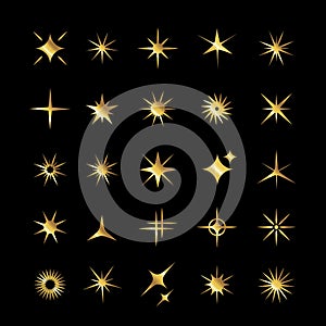 Set of golden star, sparkle icons. Collection of bright fireworks, twinkles, shiny flash. Glowing light effect stars and