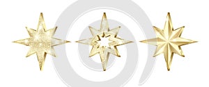 Set of golden stars with glitter. Christmas decoration element. Luxury elegant award - Star. Vector illustration isolated on white