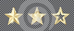 Set of golden stars with glitter. Christmas decoration element. Luxury elegant award - Star. Vector