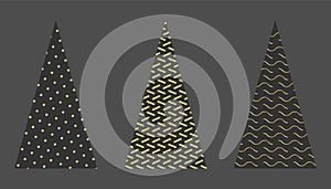 Set of golden stylized Christmas trees on black background