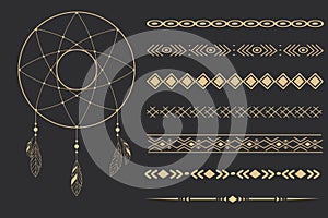 Set golden tribal dream catcher, feathers line art native arrows, dividers ethnic indian in doodle style on dark