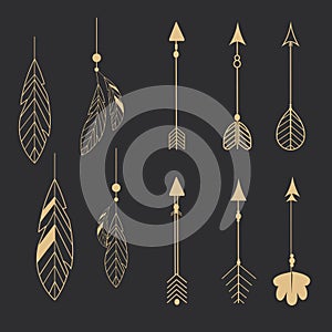 Set golden tribal feathers line art native arrow ethnic indian in doodle style on dark background. Geometric boho
