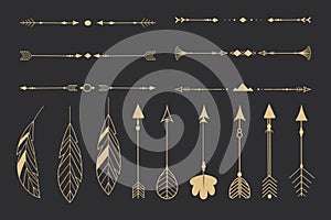 Set golden tribal feathers line art native arrow ethnic indian in doodle style on dark background. Geometric boho