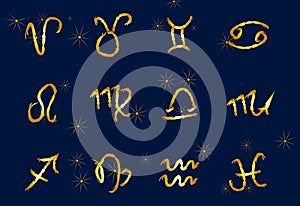 Set of golden Zodiac signs on a dark background. Square icons