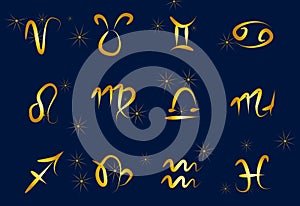 Set of golden Zodiac signs on a dark background. Square icons