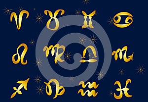 Set of golden Zodiac signs on a dark background. Square icons