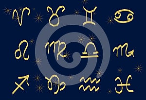 Set of golden Zodiac signs on a dark background. Square icons