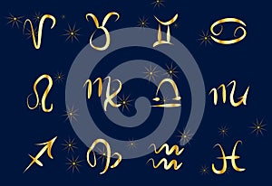 Set of golden Zodiac signs on a dark background. Square icons