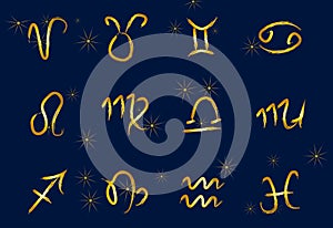 Set of golden Zodiac signs on a dark background. Square icons