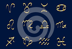 Set of golden Zodiac signs on a dark background. Square icons