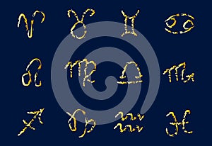 Set of golden Zodiac signs on a dark background. Square icons