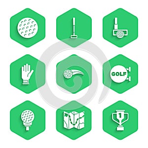 Set Golf ball, course layout, Award cup with golf, sport club, on tee, glove, and icon. Vector