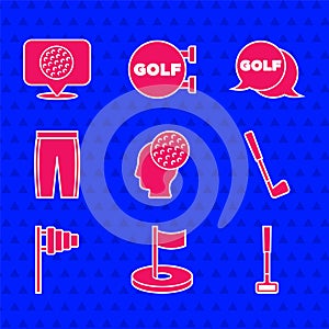 Set Golf ball, hole with flag, club, pants, label and icon. Vector