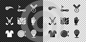 Set Golf ball, hole with flag, Medal golf, shirt, sport club, Location, Crossed and course layout icon. Vector