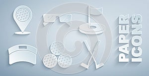 Set Golf ball, hole with flag, Sun visor cap, Crossed golf club, Glasses and Location sport icon. Vector