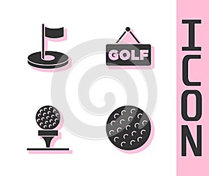 Set Golf ball, hole with flag, on tee and label icon. Vector