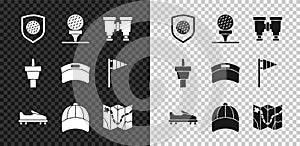 Set Golf ball with shield, on tee, Binoculars, shoe, Baseball cap, course layout, and Sun visor icon. Vector