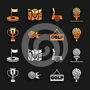 Set Golf ball, on tee, label, Award cup with golf, club, hole flag and course layout icon. Vector