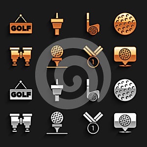 Set Golf ball on tee, label, Medal golf, Binoculars, club with, and icon. Vector