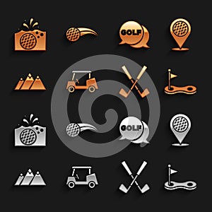 Set Golf car, Location golf sport club, hole with flag, Crossed, Mountains, label, ball water and icon. Vector