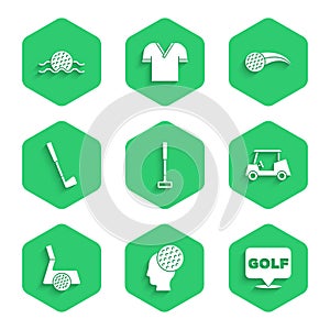 Set Golf club, ball, label, car, with, and in water icon. Vector