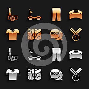 Set Golf course layout, Sun visor cap, Medal golf, label, shirt, pants, club with ball and hole flag icon. Vector
