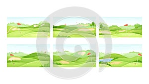 Set of golf courses with holes, sand bunker and red flags set vector illustration