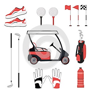Set of golf equipment isolated on white background. Collection includes clubs, balls, tees, glove, shoes, bottle,car