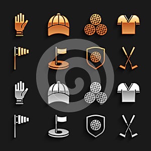 Set Golf hole with flag, shirt, Crossed golf club, ball shield, glove and Baseball cap icon. Vector