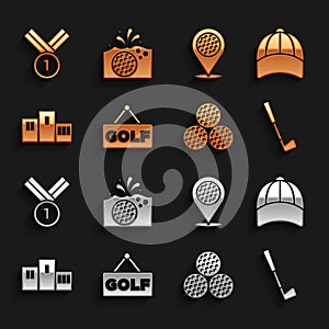 Set Golf label, Baseball cap, club, Award over sports winner podium, Location golf, Medal and water icon. Vector