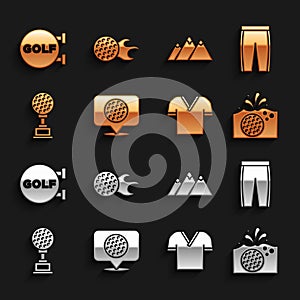 Set Golf label, pants, ball in water, shirt, Award cup with golf, Mountains, sport club and icon. Vector