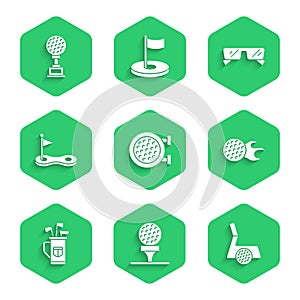 Set Golf sport club, ball on tee, with, bag clubs, hole flag, Glasses and Award cup golf icon. Vector