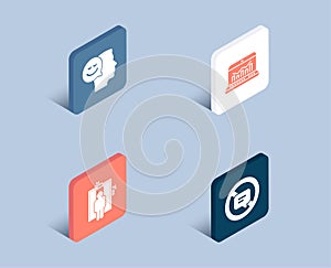 Good mood, Elevator and Web analytics icons. Stop talking sign. Positive thinking, Lift, Statistics.